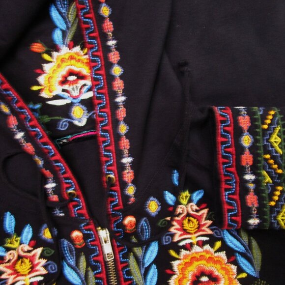 Black Hoodie Full Zip Embroidery Boho Kangaroo Pocket - Picture 10 of 12